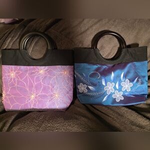 2 Vintage Silk Embroidered Handbag Beaded Detail Floral New Wood Handles